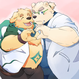 anthro blush cigarette clothed clothing coat collaborative collaborative_gesture collaborative_heart_gesture duo eyebrows fur gesture heart_gesture lab_coat male male/male male_anthro overweight overweight_male scarf smile thick_eyebrows topwear white_body white_fur yellow_body yellow_fur 7numpla lifewonders tokyo_afterschool_summoners cu_sith_(tas) leib_(tas) bear bird_dog canid canine canis domestic_dog golden_retriever hunting_dog mammal polar_bear retriever ursine 1:1 hi_res