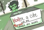 banner black_hair female feral fur grass green_body green_eyes green_fur green_hair hair humor looking_at_viewer outside plant positive_message sign smug solo text tree unknown_artist change_my_mind hasbro my_little_pony filly_anon equid equine horse mammal pony meme