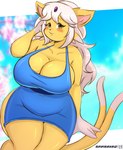 anthro big_breasts blush breasts cleavage clothed clothing dress female huge_breasts solo yellow_body saasmimz nintendo pokemon eeveelution espeon generation_2_pokemon pokemon_(species) absurd_res hi_res