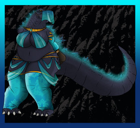 angry anthro arms_tied bagged big_breasts bound breasts female glowing hands_behind_back overweight overweight_female rope snarling solo spikes teeth thick_thighs lovemummification godzilla_(series) toho godzilla kaiju reptile scalie hi_res