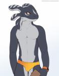 anthro bulge clipboard clothed clothing holding_clipboard holding_object male navel simple_background solo speedo standing swimwear topless yellow_eyes shiuk shiuk_(character) amphibian salamander absurd_res hi_res