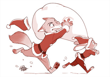 ambiguous_gender anthro barefoot bottomwear christmas_clothing christmas_headwear claws clothed clothing costume dipstick_ears dipstick_tail duo ear_markings feet fully_clothed fur hat headgear headwear holding_object holidays markings multicolored_ears multicolored_tail one_eye_closed open_mouth pants pawpads running santa_costume santa_hat simple_background snow tail tail_markings toe_claws white_background gurihiru christmas disney zootopia judy_hopps nick_wilde canid canine fox lagomorph leporid mammal rabbit red_fox true_fox 2015 monochrome red_and_white red_theme
