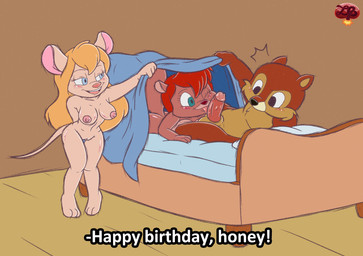 anthro anthro_on_anthro areola balls bed bed_sheet bedding breasts brown_body clitoral_hood dialogue erection feet female fur furniture genitals grabbing_sheets group hair holding_object humanoid_genitalia humanoid_penis licking lying male male/female narrowed_eyes nipples nude on_back on_bed on_front one_eye_closed oral penile penis penis_lick pillow sex simple_background smile standing tail text toes tongue trio under_covers voyeur vulva wink ladycherrybomba chip_'n_dale_rescue_rangers disney chip_(disney) gadget_hackwrench tammy_squirrel chipmunk ground_squirrel mammal mouse murid murine rodent sciurid tree_squirrel digital_media_(artwork) english_text hi_res