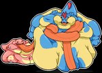 actualblueblu alpha_channel ambiguous_gender anthro belly belly_overhang blue_body crocodilian crocodylid croconaw digital_media_(artwork) double_chin duo floating generation_1_pokemon generation_2_pokemon hanging_belly happy immobile lickitung markings navel nintendo obese outline overweight pink_body pixel_(artwork) pokemon pokemon_(species) reptile scalie simple_background tail thick_tail tongue tongue_out transparent_background white_outline wrapped yellow_markings