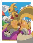 anthro anus bandai_namco beach bikini blush bodily_fluids breasts butt claws clothed clothing curling_toes digimon digimon_(species) feet female genitals looking_back musk partially_clothed pussy renamon rilesthecat solo steam sweat swimwear toe_claws