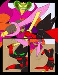 anthro black_body black_fur cape clothing digitigrade fight fur green_eyes katana male melee_weapon red_clothing scimitar sword text weapon fleshysack cartoon_network mao_mao:_heroes_of_pure_heart coby_(mao_mao) orangusnake sheriff_mao_mao_mao tanner_(mao_mao) ape cobra domestic_cat felid feline felis haplorhine mammal orangutan primate reptile scalie snake absurd_res comic english_text hi_res