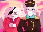 anthro blue_eyes bow_tie clothing duo eye_patch eyewear hat headgear headwear male pink_body scar shirt slightly_chubby topwear sciaecallo unicorn_blood_(short_film) gregorio_(unicorn_blood) moffy_(unicorn_blood) bear mammal 2023 4:3 hi_res