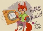 anthro biped bottomwear chair clothed clothing creating_art fully_clothed furniture green_eyes half-closed_eyes narrowed_eyes open_mouth open_smile pants shirt sitting smile solo text topwear byron_howard disney zootopia canid canine fox mammal red_fox true_fox 2019 english_text official_art