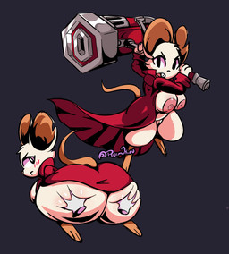 ambiguous_gender anthro big_breasts big_butt big_ears bottomless bottomless_female breasts buckteeth butt butt_grab clothed clothing disembodied_hand duo feet female genitals grope hammer hand_on_butt holding_hammer holding_object holding_tool holding_weapon huge_breasts huge_butt longcoat notched_ear red_clothing shortstack shortstack_female soles solo tail teeth thick_thighs tools vulva weapon wide_hips ruimu_kiou mina_the_hollower yacht_club_games mina_(mina_the_hollower) mammal mouse murid murine rodent absurd_res hi_res