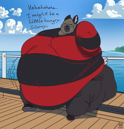 anthro belly big_belly big_cheeks black_bottomwear black_clothing black_pants bodily_fluids body_of_water bottomwear brown_body brown_fur chubby_cheeks clothing dialogue eyes_closed fur guardrail hand_behind_head huge_belly huge_moobs hyper hyper_belly love_handles male morbidly_obese morbidly_obese_anthro morbidly_obese_male motion_lines navel obese obese_anthro obese_male open_mouth outside overweight overweight_anthro overweight_male pants pattern_clothing pattern_shirt pattern_topwear rumbling_stomach shirt sitting solo spots striped_clothing striped_shirt striped_topwear stripes sweat sweatdrop text topwear water pearypanda aggretsuko sanrio haida_(aggretsuko) hyena mammal english_text hi_res
