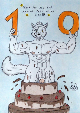 abs accessory anthro areola armpit_tuft balls barazoku biceps big_muscles black_nose cake candy cherry chocolate chocolate_cake dessert fluffy fluffy_tail food fruit fur genitals glans hair hair_accessory humanoid_genitalia humanoid_penis looking_at_viewer male manly muscular muscular_anthro muscular_arms muscular_male nipples nude nude_anthro nude_male obliques pecs penis pink_glans pink_nipples plant pop_out_cake simple_background smile solo strawberry tail text thick_penis tied_hair vein veiny_penis white_body white_fur white_penis yellow_eyes dashthefox bruno_o_donnell arctic_wolf canid canine canis mammal wolf 2026 absurd_res colored_pencil_(artwork) english_text hi_res traditional_media_(artwork)