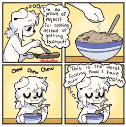 4_panel_comic anthro black_eyes black_nose border bowl chair chewing container cooking cookware cutlery eating eating_food elbows_on_table eyelashes eyes_closed female fire floppy_ears food frying_pan furniture hair holding_bowl holding_container holding_object holding_spoon kitchen_utensils on_chair onomatopoeia ponytail seasoning shadow simple_background sitting sitting_on_chair snout solo sound_effects spoon text thought_bubble tools white_body white_border white_hair yellow_background bearsockz bearsockz_(character) canid canine canis domestic_dog mammal 2026 comic english_text hi_res