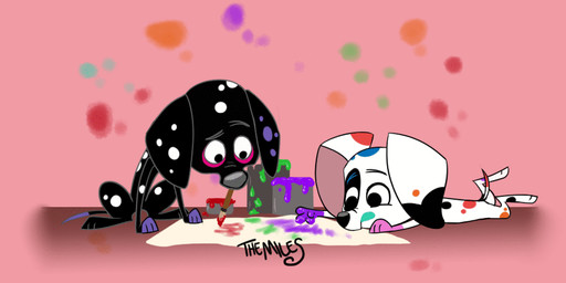 animated_gif black_body black_fur black_spots duo female feral fur male painting_(action) painting_(object) spots toony white_body white_fur white_spots themiles 101_dalmatian_street 101_dalmatians disney da_vinci_(101_dalmatians) dante_(101_dalmatians) canid canine canis dalmatian domestic_dog mammal animated short_playtime