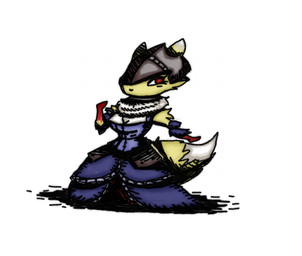 alternative_fashion anthro blood bodily_fluids breasts chibi clothed clothing female fully_clothed fur goth red_eyes solo tail victorian_goth yellow_body yellow_fur eeevveee bandai_namco darkest_dungeon digimon duchess_(darkest_dungeon) canid canine digimon_(species) mammal renamon vampire digital_drawing_(artwork) digital_media_(artwork)
