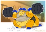 anthro athletic_wear belly bodily_fluids clothing exercise fatbludragon herpestid hi_res holding_dumbbell holding_object male mammal meerkat morbidly_obese musclegut muscular musk navel obese overweight overweight_male shirt solo sweat tank_top tigerthemeerkat topwear weightlifting workout