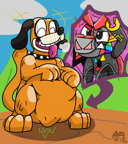 3_toes abdominal_bulge angry black_body black_fur breath brown_body brown_fur cloud collar day duo eyes_closed feet feral feral_pred fur grey_body hand_on_belly hand_on_own_belly internal multicolored_body narrowed_eyes outside rainbow_body red_body spiked_collar spikes struggling struggling_prey tail tan_body tan_fur teeth toes tongue tongue_out vore whisker_spots mixelsink cartoon_network duck_hunt lego mixels nintendo duck_hunt_dog fan_character canid canine canis domestic_dog mammal mixel_(species) 2025 hi_res