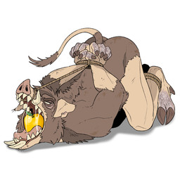 ankles_tied anthro apple arm_tuft back_tuft bodily_fluids bound brown_body brown_fur elbow_tuft floppy_ears food food_in_mouth fruit fur hands_tied head_tuft lying male on_front open_mouth plant saliva saliva_string simple_background solo tan_body tan_ears tan_skin tongue tuft tusks unsigned swampjaws mammal suid suine 1:1