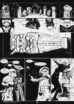 7_panel_comic anthro armor biped black_eyes black_nose clothed clothing coffin dialogue ellipsis eyebrows eyewear fingers glasses group high-angle_view holding_object hood looking_at_another male medieval open_mouth page_number question_mark sculpture sharp_teeth speech_bubble standing statue tail talking_to_another teeth text tomb tongue torch warrior white_sclera leprzil canid canine canis domestic_cat domestic_dog felid feline felis gulonine mammal marten murid murine mustelid musteline oriental_shorthair rat rodent 2025 comic english_text hi_res monochrome