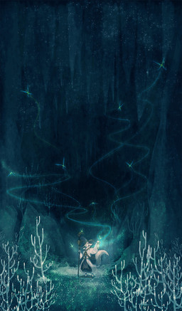 ambiguous_gender anthro detailed_background fantasy forest glowing magic magic_user melee_weapon nature outside plant polearm solo spell staff star tree weapon aohato avian bird canid canine canis domestic_dog mammal hi_res