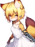 2020 absurd_res accessory alternate_species anthro anthrofied arknights black_nose blonde_hair blush breasts brown_body brown_fur canid canine clothing curtsey cute_fangs dipstick_ears dipstick_tail dress eyebrows female female_anthro fluffy fluffy_tail fox fur furrification gloves_(marking) hair hair_accessory hi_res hypergryph inner_ear_fluff kemono looking_at_viewer mammal markings multicolored_ears multicolored_tail nervous oripathy_lesion portrait raised_inner_eyebrows scar short_hair simple_background small_breasts snout solo studio_montagne tabhead tail tail_markings three-quarter_portrait tuft vermeil_(arknights) white_background white_body white_clothing white_dress white_fur yellow_body yellow_eyes yellow_fur
