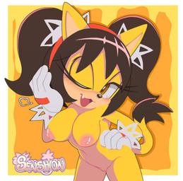 accessory anthro big_breasts black_hair blonde_hair blush blush_lines breasts brown_eyes clothing female genitals gesture gloves hair hair_accessory hairband handwear looking_at_viewer nude nude_anthro nude_female one_eye_closed red_hairband smile smiling_at_viewer twintails_(hairstyle) vulva wink winking_at_viewer yellow_body senshion sega sonic_the_fighters sonic_the_hedgehog_(series) honey_the_cat domestic_cat felid feline felis mammal 2025 absurd_res hi_res