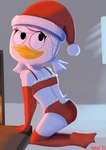 anthro armwear christmas_clothing christmas_headwear clothing elbow_gloves feathers female gloves handwear hat headgear headwear holidays inside kneeling legwear lingerie looking_back panties pigtails santa_hat smile solo stockings underwear white_body white_feathers window young young_anthro ionai christmas disney ducktales ducktales_(2017) june_duck anatid anseriform avian bird duck 2021 absurd_res artist_name colored hi_res