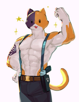 :3 abs anthro arm_tattoo belt biceps black_body black_fur bottomwear clothed clothing fur gun holster looking_at_viewer male muscular muscular_anthro muscular_male navel open_:3 open_mouth open_smile orange_body orange_fur pants pecs ranged_weapon smile solo sparkles suspenders tail tattoo topless weapon white_body white_fur kogito epic_games fortnite meowscles calico_cat domestic_cat felid feline felis mammal 2023 absurd_res digital_media_(artwork) hi_res