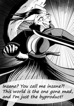 anthro big_breasts biped breasts clothed clothing comic_panel dialogue female fingers fur hair holding_melee_weapon holding_object holding_sword holding_weapon melee_weapon open_mouth side_boob simple_background solo speech_bubble standing sword tail teeth text weapon white_body white_fur little_scarlet_rose reed_(little_scarlet_rose) canid canine canis fox mammal comic digital_drawing_(artwork) digital_media_(artwork) english_text monochrome