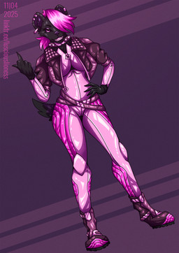 anthro belt biped black_body black_skin boots breasts clothed clothing collar ear_piercing female fingers footwear grin grinning_at_viewer hair inner_ear_fluff jacket latex latex_clothing looking_at_viewer piercing pink_eyes pink_hair racing_suit shoes simple_background slim slim_anthro slim_female smile smiling_at_viewer solo spiked_collar spikes tail teeth tight_clothing topwear tuft lusciouslioness hematite_(luscious_lioness) canid canine hyena latex_creature living_latex mammal 2025 digital_media_(artwork) hi_res