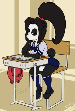 adolescent anthro arm_support backpack black_body black_clothing black_footwear black_nose black_shoes blue_bottomwear blue_bow blue_clothing blue_footwear blue_shirt blue_skirt blue_socks blue_topwear book bored bottomwear bow_accessory chair classroom clothed clothing clothing_bow desk eraser eyelashes female footwear furgonomics furniture genitals green_eyes hair half-closed_eyes head_on_hand legwear loli looking_at_viewer multicolored_body narrowed_eyes no_underwear pencil_(object) ponytail pouting school school_desk school_uniform shirt shoes sitting skirt socks solo swinging_legs table tail tail_through_skirt topwear two_tone_body uniform upskirt vulva white_body white_clothing white_shirt white_topwear young young_anthro young_female squeedrii_(artist) blizzard_entertainment warcraft li_li_stormstout bear mammal pandaren hi_res