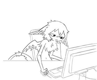 anthro chair computer computer_mouse drawing_tablet electronics feathered_ears feathers furniture hair male male_anthro mouth_closed neck_tuft office_chair short_hair sitting small_wings solo tail torn_wing tuft wings jejejunum european_mythology greek_mythology mythology wither_(jejejunum) avian harpy mythological_avian mythological_creature nethermare 2026 black_and_white digital_media_(artwork) english_description firealpaca_(artwork) monochrome sketch