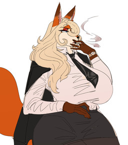 anthro big_breasts blonde_hair blue_eyes breasts cigarette clothed clothing female female_anthro hair kemono simple_background smoking solo white_background carsen miss_valentine_(carsen) canid canine fox mammal red_fox true_fox hi_res