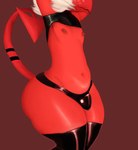 2023 ahoeforcoffee arm_over_head bulge clothed clothing demon demon_humanoid english_text girly hair helluva_boss hi_res humanoid imp latex latex_clothing latex_legwear latex_stockings legwear male moxxie_(helluva_boss) nipples raised_arm raised_tail red_body skimpy slightly_chubby solo standing stockings tail text thick_thighs white_hair wide_hips