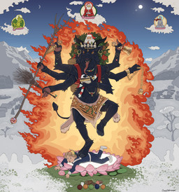 3_eyes animal_skin anthro aura backpack basket beard bell birch_rod black_body black_fur blonde_hair bottomwear chain christmas_clothing christmas_decorations christmas_ornament clothing container cookie crown cuff_(restraint) dagger ear_piercing ear_ring enlightened enlightenment facial_hair fangs feet fetter fire flower food fur fur_pelt gold_(metal) gold_jewelry green_body group hair halo handcuffs headgear hill holidays hooves horizontal_pupils horn jewelry landscape light loincloth long_tongue lotus_(flower) male melee_weapon metal_cuffs milk moon mountain mudra multi_arm multi_eye multi_limb ornament piercing pitchfork plant pubes pupils religion religious_motif religious_symbol restraints ring_piercing sailor_uniform sky snow stepped_on sun sunlight teeth tongue tools tree valley weapon young young_human conditional_dnp orenjisalmonpaw buddhism christmas ebenezer_scrooge grinch krampus santa_claus bodhisattva bovid buddha caprine deity demon felid goat human mammal pantherine tiger who_(species) absurd_res hi_res