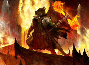 anthro bottomwear building cape clothing detailed_background fire hammer holding_hammer holding_object holding_tool horn lava male outside pants pouch_(clothing) red_cape red_clothing shirt solo standing tail tools topwear white_clothing white_shirt white_topwear kekai_kotaki hasbro magic:_the_gathering mythology wizards_of_the_coast dragon mythological_creature mythological_scalie scalie official_art