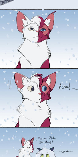 ambiguous_gender blue_eyes covered_in_snow dialogue duo facial_scar feral feralized fluffy fur green_body green_fur grey_eyes heterochromia long_tail multicolored_body multicolored_fur outside quadruped red_body red_fur scar snow snowing stripes tail text two_tone_body two_tone_fur white_body white_fur segamastergirl my_hero_academia warriors_(book_series) izuku_midoriya todoroki_shouto domestic_cat felid feline felis mammal 1:3 2019 absurd_res comic crossover english_text hi_res model_sheet