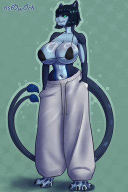 2_tails anthro armor_plates barefoot big_breasts bikini black_hair black_sclera blue_body blue_fur blue_skin bottomwear breasts claws clothing countershade_arms countershade_breasts countershade_face countershade_neck countershade_torso countershading drawstring_bottomwear drawstring_pants eyelashes fangs feet female freckled_breasts freckled_face freckles fur glistening glistening_breasts green_eyes hair hand_in_pocket long_legs looking_at_viewer multi_tail nails navel oversized_bottomwear oversized_clothing oversized_pants pants pattern_background pockets simple_background small_waist solo string_bikini striped_ears sweatpants swimwear tail teeth two-piece_swimsuit wide_hips nsfowork mythology derlynn_(nsfowork) canid canine canis dragon hybrid mammal mythological_creature mythological_scalie scalie wolf 2:3 absurd_res hi_res