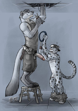 anthro anthro_on_anthro athletic athletic_anthro athletic_male bottomwear bottomwear_down clothed clothing duo erection flaccid foreskin genitals hat headgear headwear holding_cable holding_object holding_screwdriver holding_tool humanoid_genitalia humanoid_penis male male/male male_anthro markings open_mouth pants pants_down partially_clothed penis pubes red_tongue screwdriver shorts side_view size_difference spots spotted_arms spotted_legs spotted_markings spotted_tail standing striped_markings striped_tail stripes tail tail_markings tongue tools topwear hufnaar kyyanno cheetah felid feline mammal mustelid musteline true_musteline weasel 2024 dated hi_res partially_colored