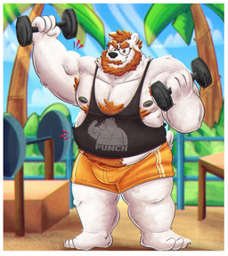 anthro armpit_hair belly black_nose body_hair bottomwear clothing detailed_background dumbbell exercise eyewear glasses male moobs musclegut muscular muscular_male nipples outside overweight overweight_male palm_tree plant shirt shorts solo topwear tree weights workout 06betos11 bear mammal 2025 hi_res