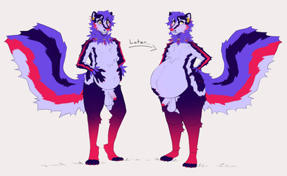 annoyed anthro balls big_tail flaccid flower flower_(anatomy) genitals gradient_fur hair holding_belly male penis plant pregnancy_expansion pregnancy_progression pregnant pregnant_male progression purple_hair skunk_tail solo stamen tail weight_gain wide_hips trailofanimals mayternity mayternity_2026 saffron_(saffterdark) elemental_creature flora_fauna flower_creature hybrid mammal mephitid skunk absurd_res hi_res
