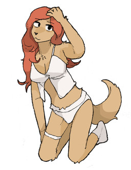 anthro breasts clothing female footwear fur hair hand_on_head kneeling lingerie looking_at_viewer orange_hair simple_background socks solo tail tan_body tan_fur underwear white_background white_clothing hhonchkrow234 coda_(vn) margaret_ellen_(coda) canid canine canis domestic_dog mammal absurd_res hi_res