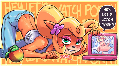 accessory anthro bent_over bite biting_lip blonde_hair blush computer electronics exclamation_point female flower flower_in_hair hair hair_accessory laptop looking_at_porn plant pornography screen sex solo tentacle_sex tentacles text skajrzombie activision crash_bandicoot_(series) coco_bandicoot bandicoot mammal marsupial tentacle_creature english_text