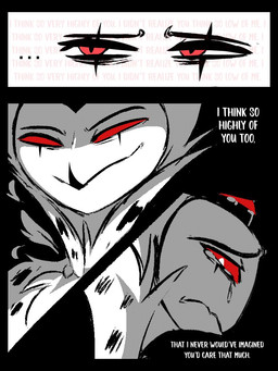 anthro black_background black_text bodily_fluids cape clothing crying dialogue duo ellipsis formal_clothing formal_wear frown hair male male/male red_eyes sad short_hair simple_background smile tears text white_background white_text teathekook hellaverse helluva_boss blitzo_(helluva_boss) stolas_(helluva_boss) avian avian_demon bird demon imp owl owl_demon 2024 3:4
