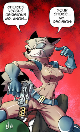bodily_fluids breasts clothing dialogue dominant dominant_female duo eye_patch eyewear female gun male ranged_weapon red_eyes smile speech_bubble straddling submissive submissive_male suit sweat text threatening threatening_with_weapon weapon chochi marvel anon captain_sale human mammal procyonid raccoon english_text hi_res