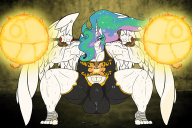 abs anthro anthrofied balls barbell big_breasts bodily_fluids breasts bulge crossgender crouching ftg_crossgender fti_crossgender genitals gynomorph horn intersex mature_anthro mature_gynomorph mature_intersex muscular muscular_anthro muscular_gynomorph muscular_intersex penis solo sun sweat sweaty_balls sweaty_breasts sweaty_genitalia sweaty_legs sweaty_penis sweaty_thighs white_body wings sanyo2100 friendship_is_magic hasbro my_little_pony mythology princess_celestia_(mlp) equid equine mammal mythological_creature mythological_equine winged_unicorn 3:2 hi_res