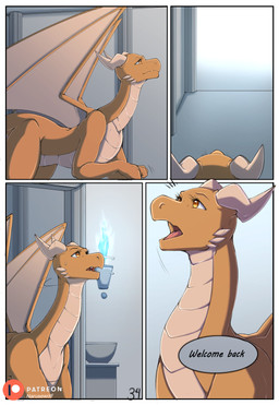 cave dialogue female feral fire flying horn magic mountain mountain_range scales sky solo speech_bubble talking_to_another yellow_body narusewolf mythology dragon mythological_creature mythological_scalie scalie comic hi_res
