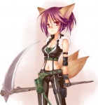 belt breasts camo camo_belt camo_clothing camo_print camo_tank_top cleavage clothed clothing eyewear female fingerless_gloves fox_tail glasses gloves hair handwear medium_breasts melee_weapon midriff navel pattern_clothing polearm purple_hair red_eyes scythe solo standing tail weapon mofmof_(sousa) trickster_online fox_(trickster) animal_humanoid canid canid_humanoid canine canine_humanoid fox fox_humanoid humanoid mammal mammal_humanoid