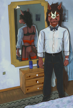 anthro bed belt butt clock clothed clothing crossdressing furniture legwear lingerie looking_at_viewer male mirror mirror_reflection rear_view reflection shirt smile smirk solo stockings topwear watch vandclash juan_zapallo equid equine horse mammal hi_res meme