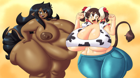 2_horns animal_print areola belly belly_overhang big_belly big_breasts big_butt big_nipples black_hair bottomwear breasts brown_areola brown_body brown_eyes brown_nipples brown_skin butt cellulite cleavage clothed clothing cow_print cow_print_shirt crop_top curved_horn curvy_figure dark_body dark_skin denim denim_bottomwear denim_clothing duo female genitals hair hair_bows half-closed_eyes hand_on_hip happy horn hourglass_figure huge_breasts huge_butt huge_thighs jeans long_hair looking_at_viewer midriff narrowed_eyes nipples nude obese obese_female obese_humanoid open_mouth open_smile overweight overweight_female overweight_humanoid pants pigtails sagging_butt shirt simple_background small_waist smile standing tail thick_thighs topwear under_boob vulva wavy_hair weight_difference yellow_background hooligan_freak mocha_(eikasianspire) sukimi_(hataraki) animal_humanoid bovid bovid_humanoid bovine bovine_humanoid cattle_humanoid humanoid mammal mammal_humanoid 16:9 2022 absurd_res alternate_version_at_source digital_drawing_(artwork) digital_media_(artwork) hi_res portrait three-quarter_portrait widescreen