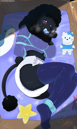 abdl anthro bdsm blush bondage bound butt butt_focus clothed clothing diaper diaper_fetish female footwear fur hat headgear headwear legwear object_in_mouth pacifier pacifier_in_mouth padded plushie restraints rope rope_bondage socks solo stockings wearing_diaper meowtat canid canine canis domestic_dog mammal poodle absurd_res hi_res